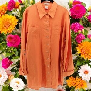 Wear It Orange Button-Up 100% Linen Artsy Lagenlook Summer Size M/L
